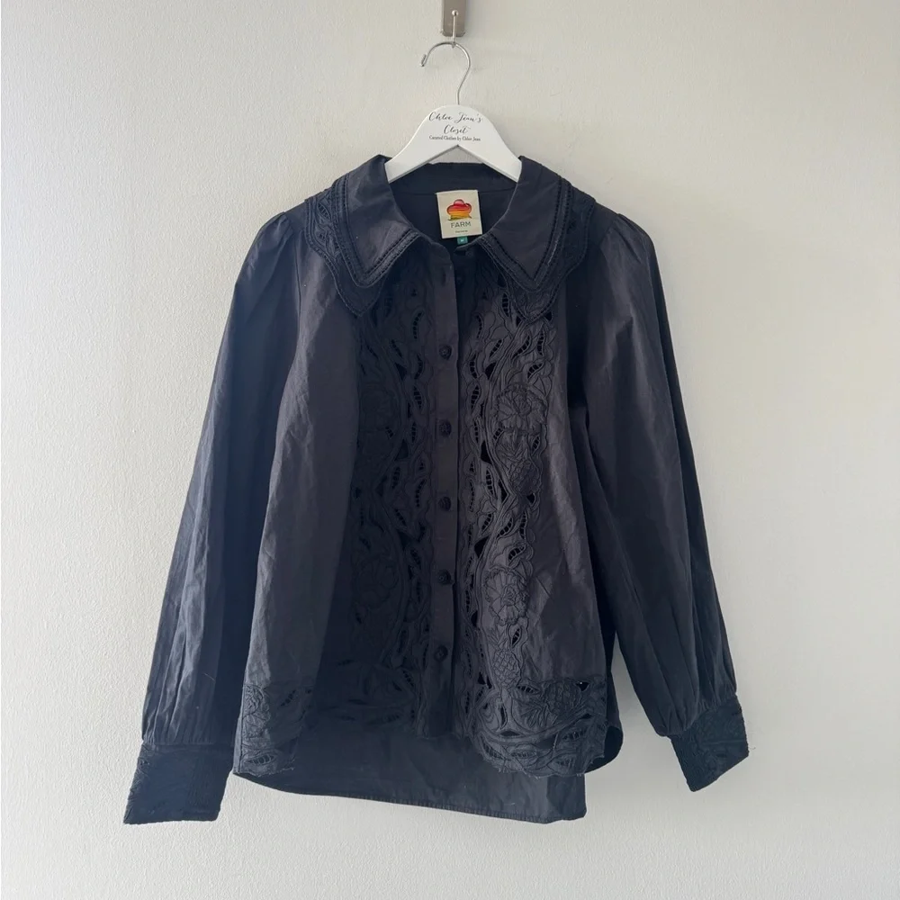FARM RIO Embroidered Eyelet Puff Sleeve Button Up Black Shirt M